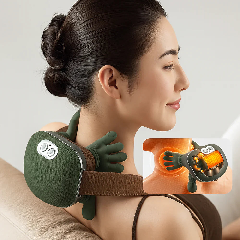 Woman using a green neck and shoulder massager with close-up inset showing its interior.