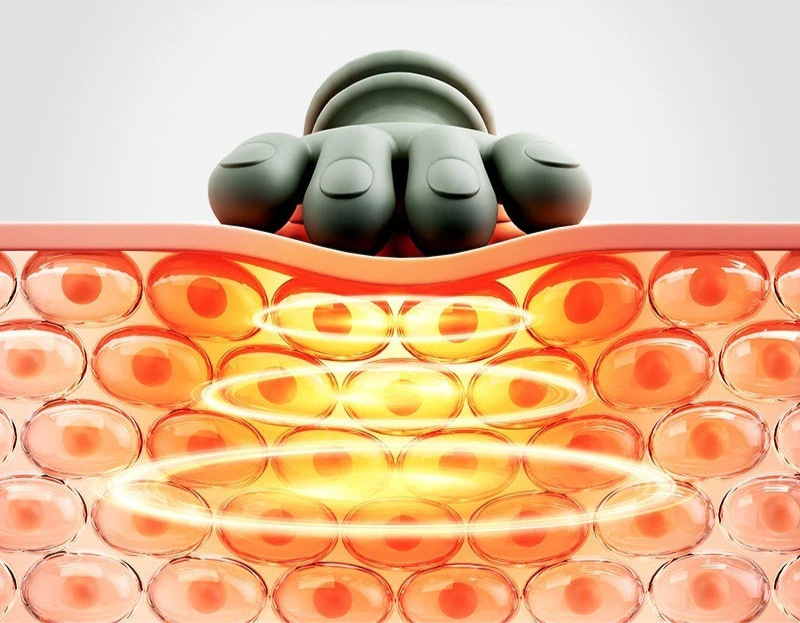 Red light warming cervical spine device with two-speed temperature adjustment text on a gray background