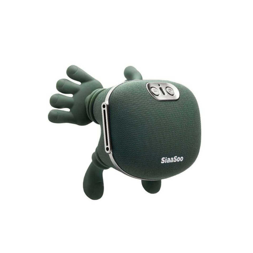 Green stuffed animal with a speaker attached, featuring the brand 'SiaSoo'.

