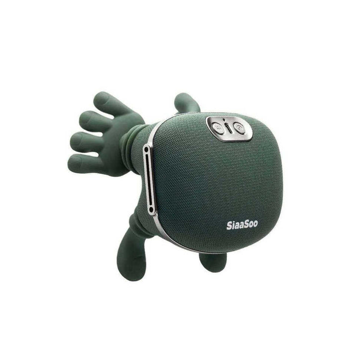 Green stuffed animal with a speaker attached, featuring the brand 'SiaSoo'.

