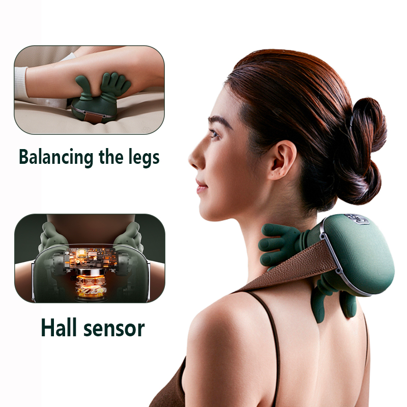 Woman using a green neck and shoulder massager with close-up insets showing 'Balancing the legs' and 'Hall sensor' features.

